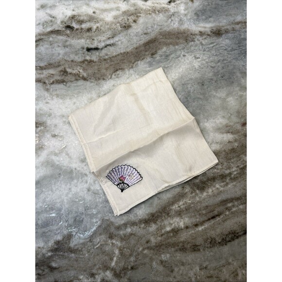 VINTAGE silk-like handkerchief embroideried Japanese Fan Lotus Flower Two Ducks - Picture 3 of 7